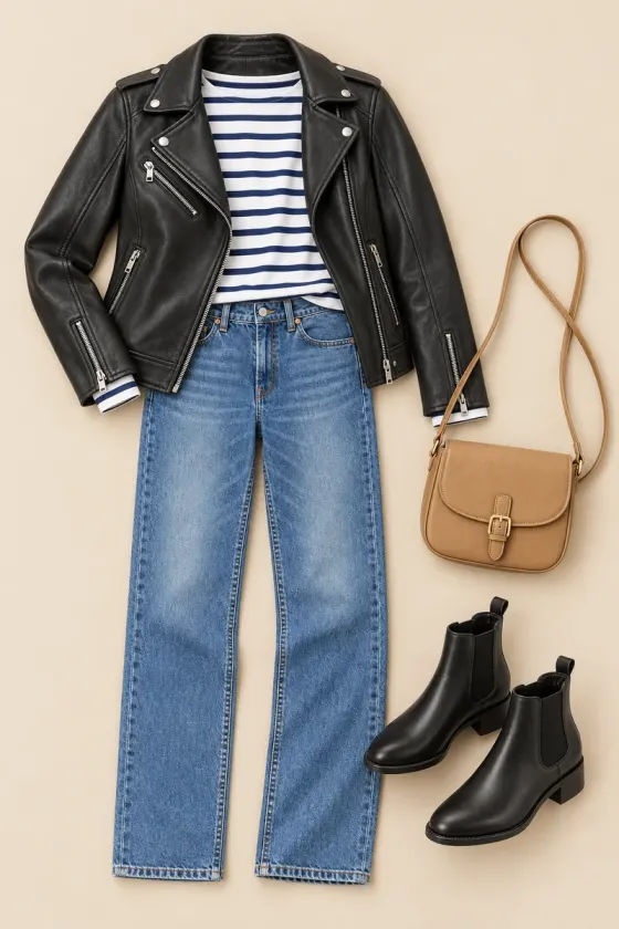 A biker jacket, a Breton top, jeans and Chelsea boots