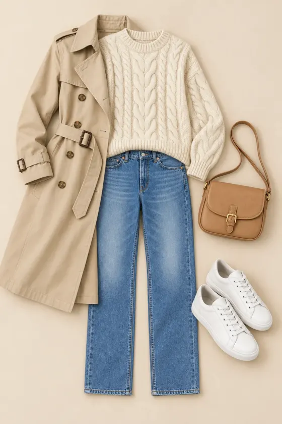 A trench coat, cream cable knit, blue jeans, white sneakers and a tan bag