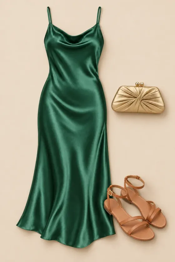 An emerald slip dress with tan sandals and a gold clutch