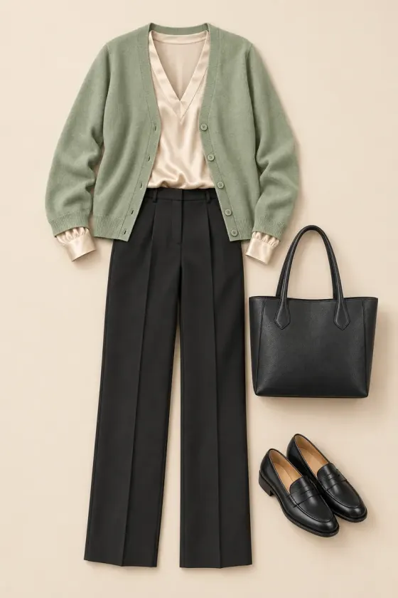 A sage cardigan over a silk blouse with black trousers and loafers