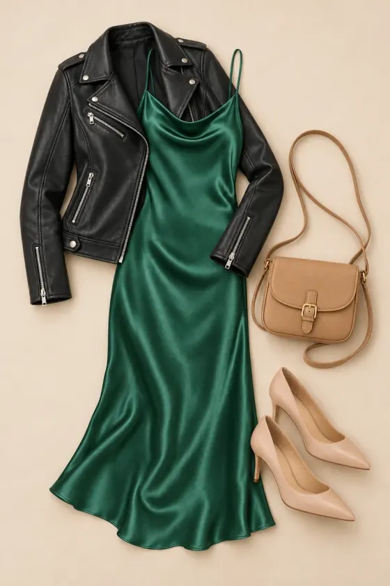 A black biker jacket over a silk slip dress with nude pumps