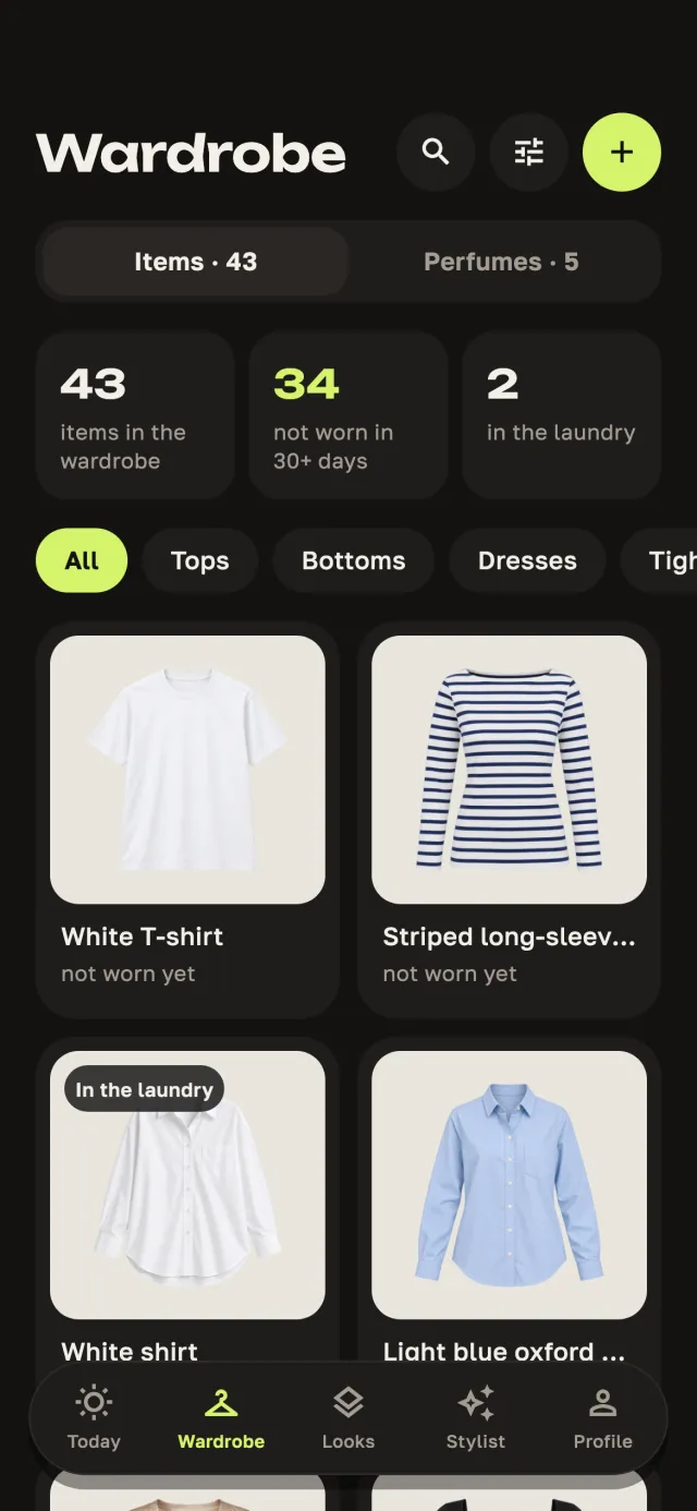 The wardrobe: 43 items, 34 not worn in 30 days, 2 in the laundry